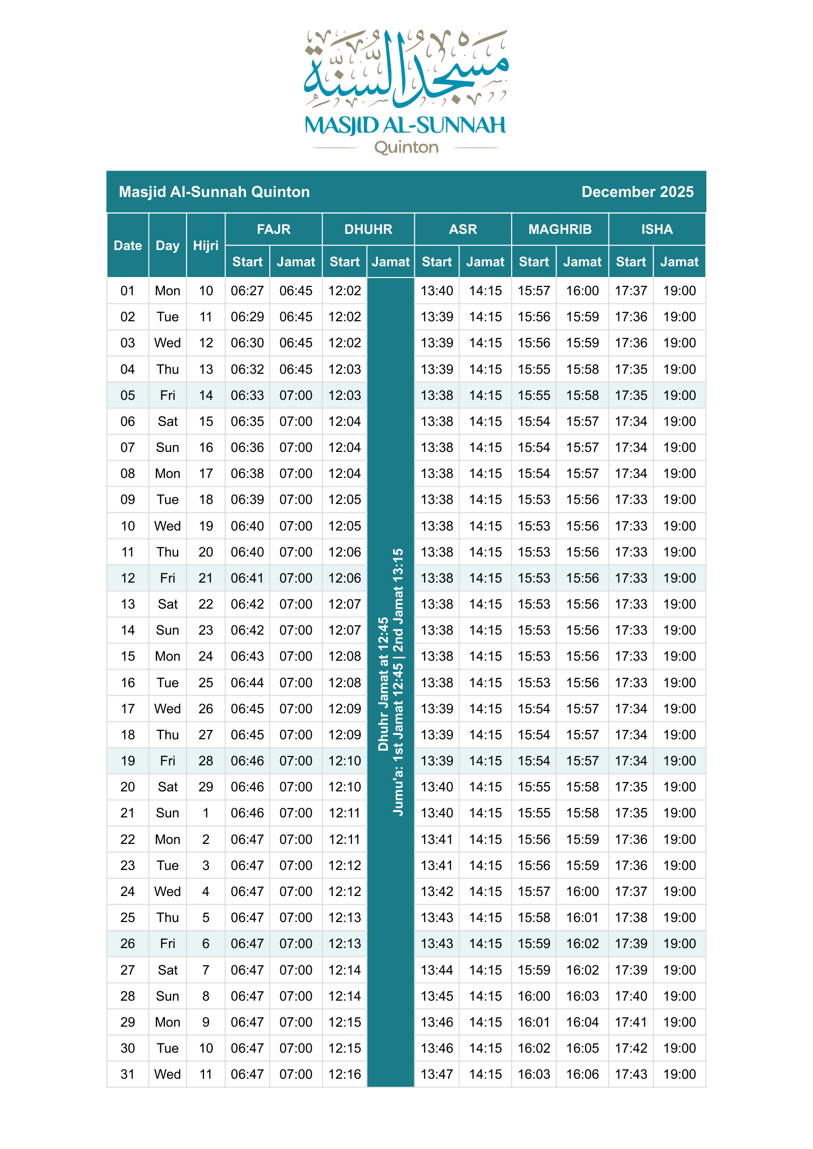 MSQ Prayer Timetable